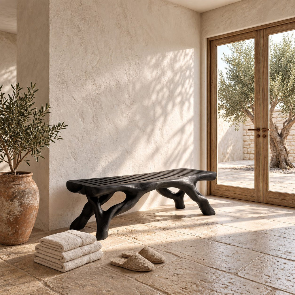Branch Leg Shower Bench, Organic Solid Wood Bathroom Bench with Slatted Top and Root-Like Legs, 32-60 Inch
