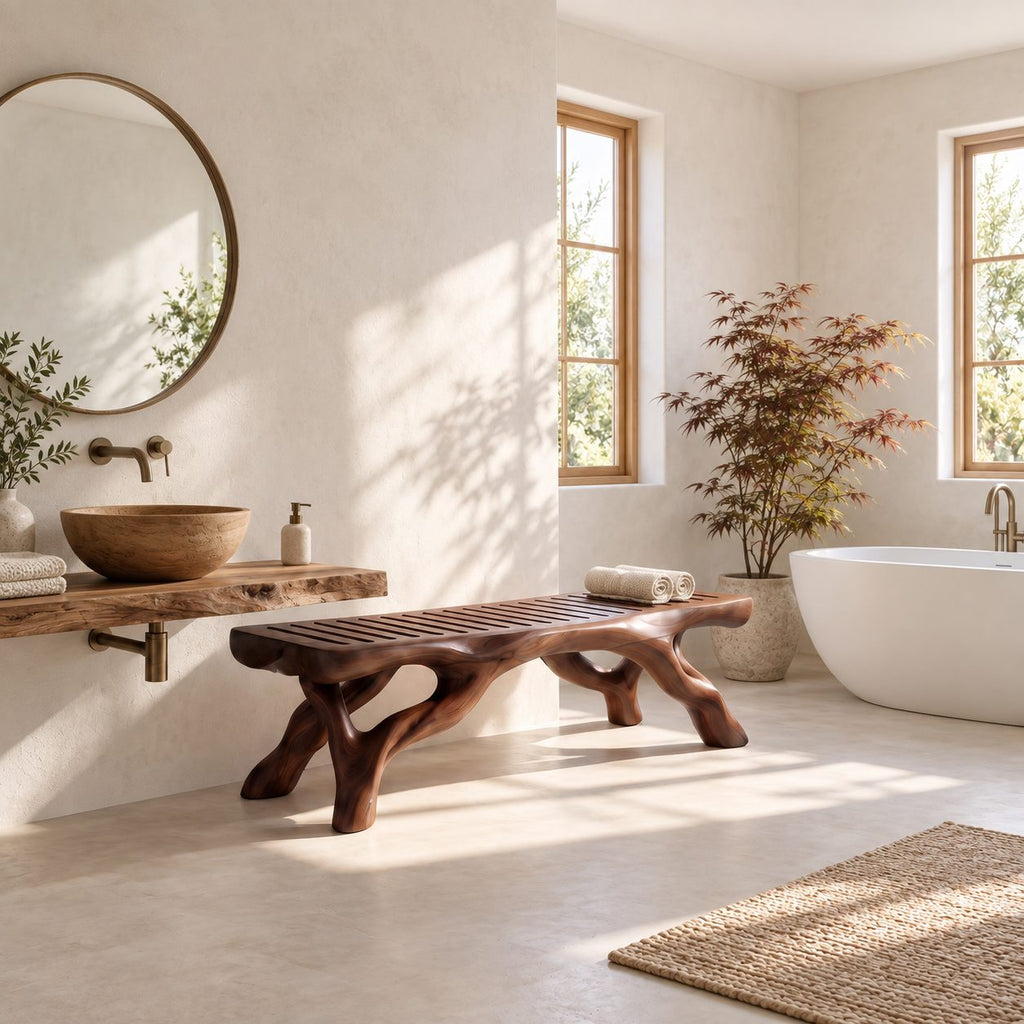 Branch Leg Shower Bench, Organic Solid Wood Bathroom Bench with Slatted Top and Root-Like Legs, 32-60 Inch