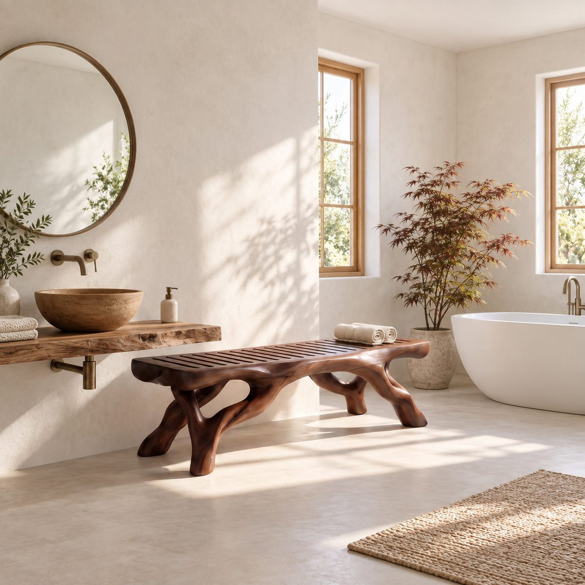 Branch Leg Shower Bench, Organic Solid Wood Bathroom Bench with Slatted Top and Root-Like Legs, 32-60 Inch