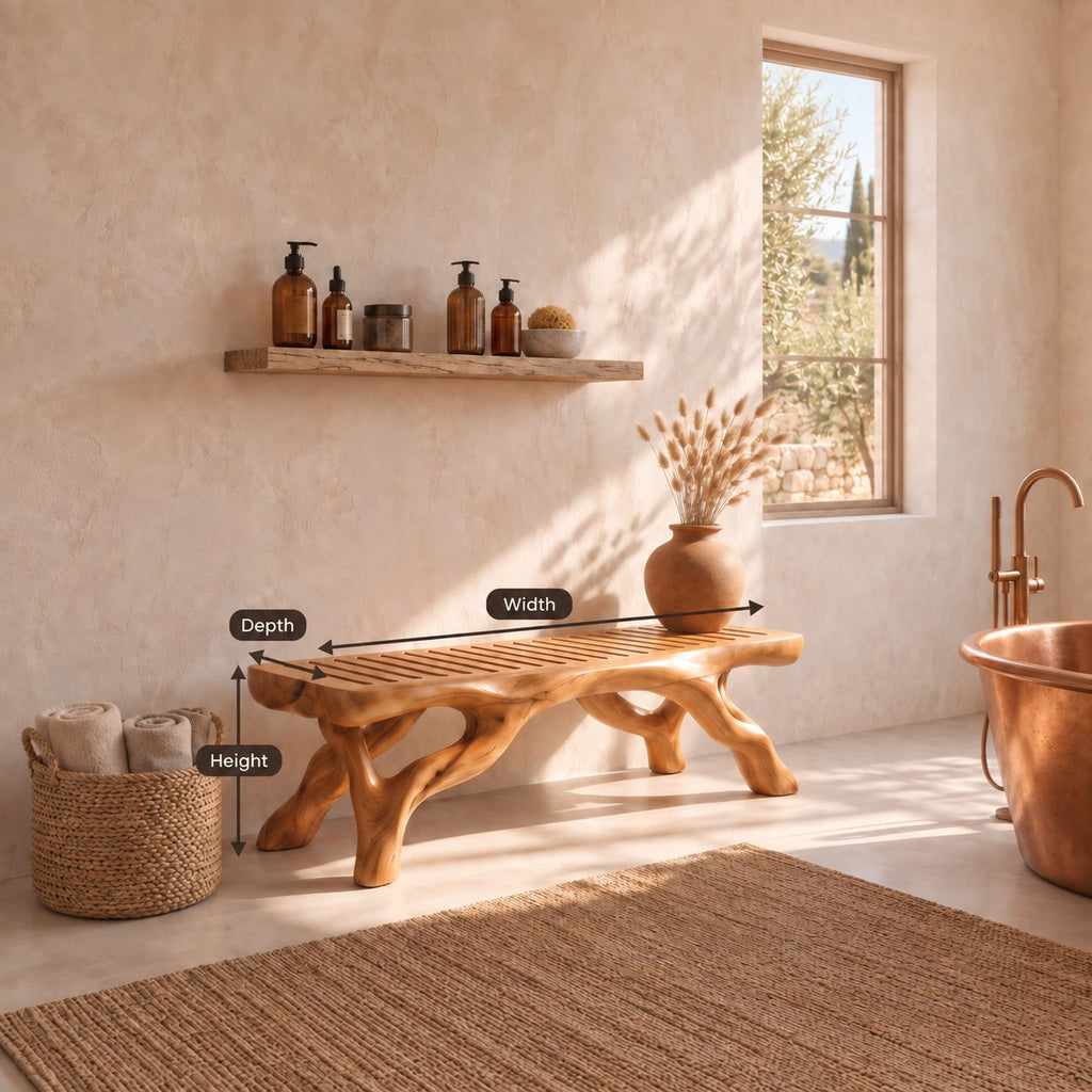 Branch Leg Shower Bench, Organic Solid Wood Bathroom Bench with Slatted Top and Root-Like Legs, 32-60 Inch