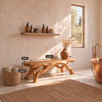 Branch Leg Shower Bench, Organic Solid Wood Bathroom Bench with Slatted Top and Root-Like Legs, 32-60 Inch