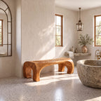 Horseshoe End Shower Bench, Japandi Solid Wood Bath Bench with Slatted Seat and Rounded Arch Legs, 32-60 Inch
