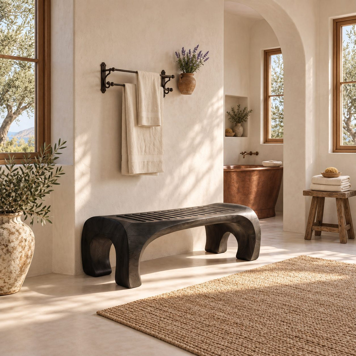 Horseshoe End Shower Bench, Japandi Solid Wood Bath Bench with Slatted Seat and Rounded Arch Legs, 32-60 Inch