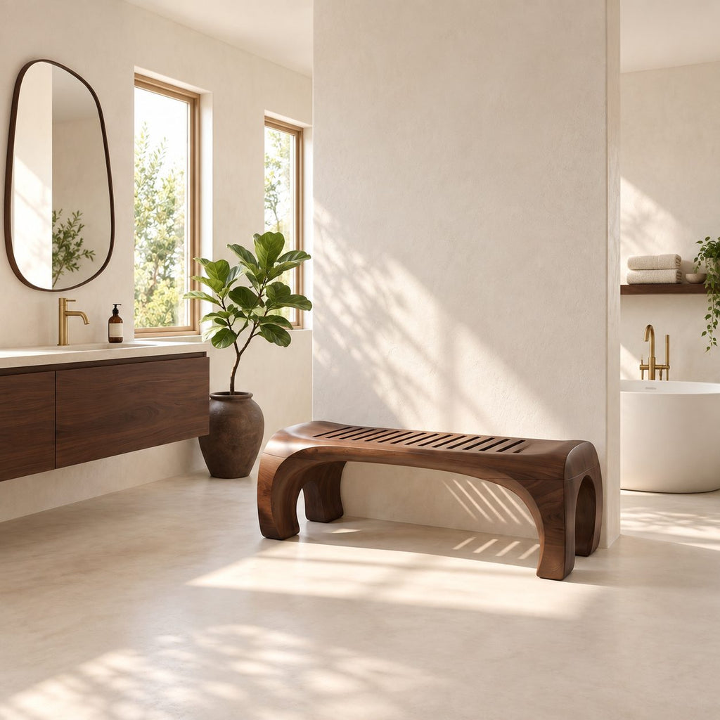 Horseshoe End Shower Bench, Japandi Solid Wood Bath Bench with Slatted Seat and Rounded Arch Legs, 32-60 Inch