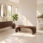 Horseshoe End Shower Bench, Japandi Solid Wood Bath Bench with Slatted Seat and Rounded Arch Legs, 32-60 Inch