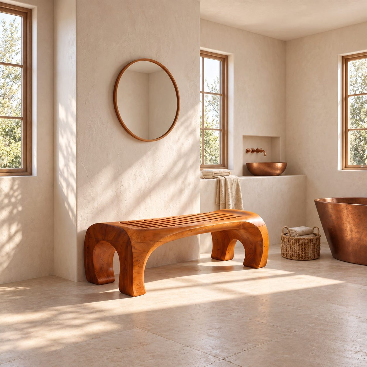 Horseshoe End Shower Bench, Japandi Solid Wood Bath Bench with Slatted Seat and Rounded Arch Legs, 32-60 Inch