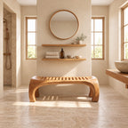 Horseshoe End Shower Bench, Japandi Solid Wood Bath Bench with Slatted Seat and Rounded Arch Legs, 32-60 Inch