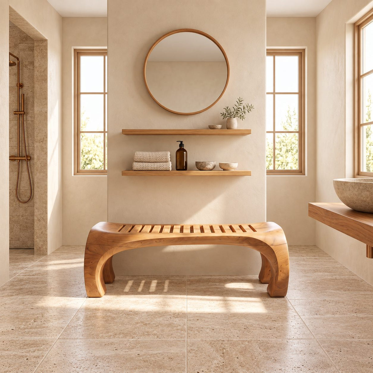 Horseshoe End Shower Bench, Japandi Solid Wood Bath Bench with Slatted Seat and Rounded Arch Legs, 32-60 Inch