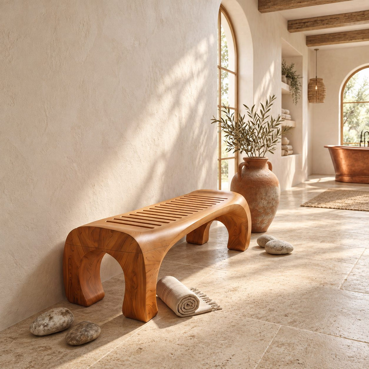 Horseshoe End Shower Bench, Japandi Solid Wood Bath Bench with Slatted Seat and Rounded Arch Legs, 32-60 Inch