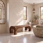 Horseshoe End Shower Bench, Japandi Solid Wood Bath Bench with Slatted Seat and Rounded Arch Legs, 32-60 Inch
