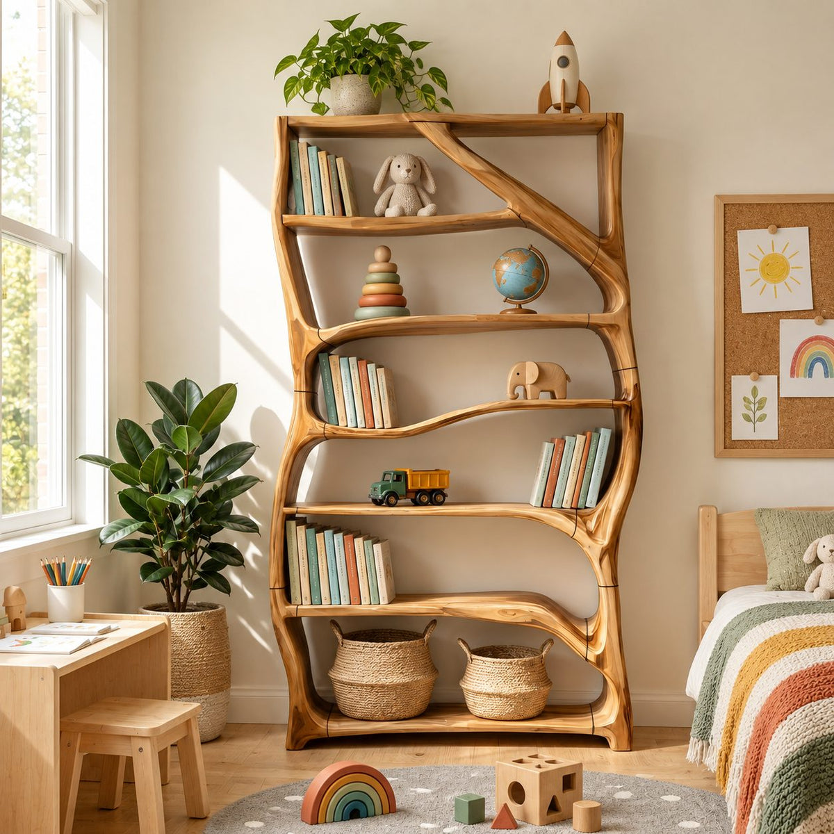 Tree Branch Bookshelf with Wavy Shelves, Rectangular Frame Solid Wood Bookcase for Kids Room or Nursery