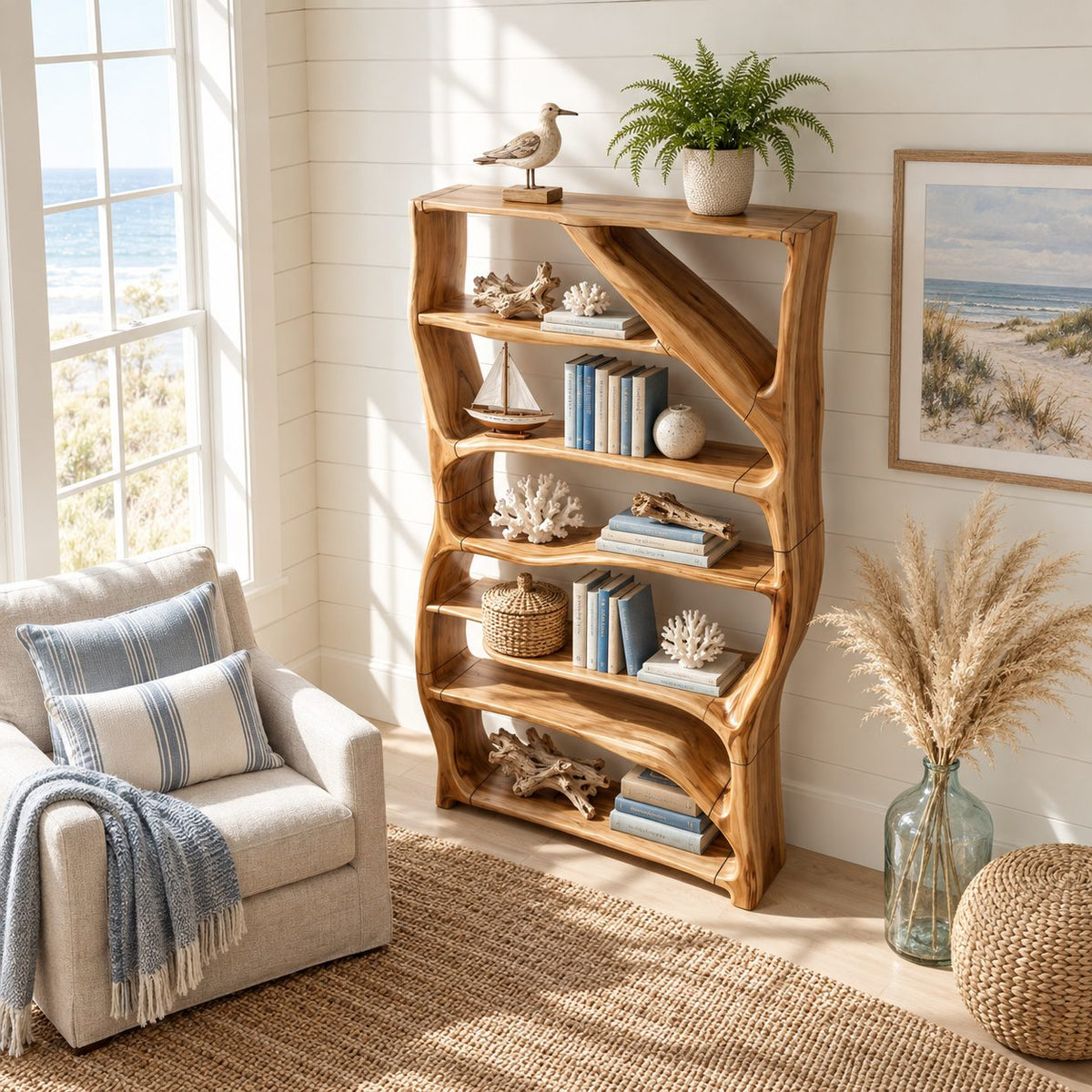 Tree Branch Bookshelf with Wavy Shelves, Rectangular Frame Solid Wood Bookcase for Kids Room or Nursery