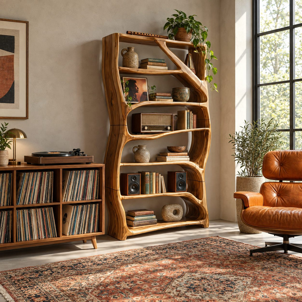 Tree Branch Bookshelf with Wavy Shelves, Rectangular Frame Solid Wood Bookcase for Kids Room or Nursery