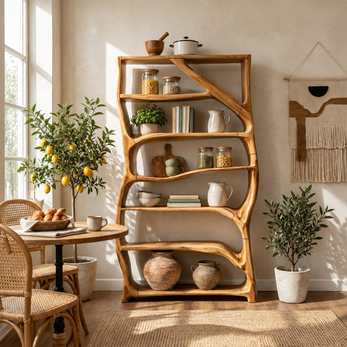Tree Branch Bookshelf with Wavy Shelves, Rectangular Frame Solid Wood Bookcase for Kids Room or Nursery