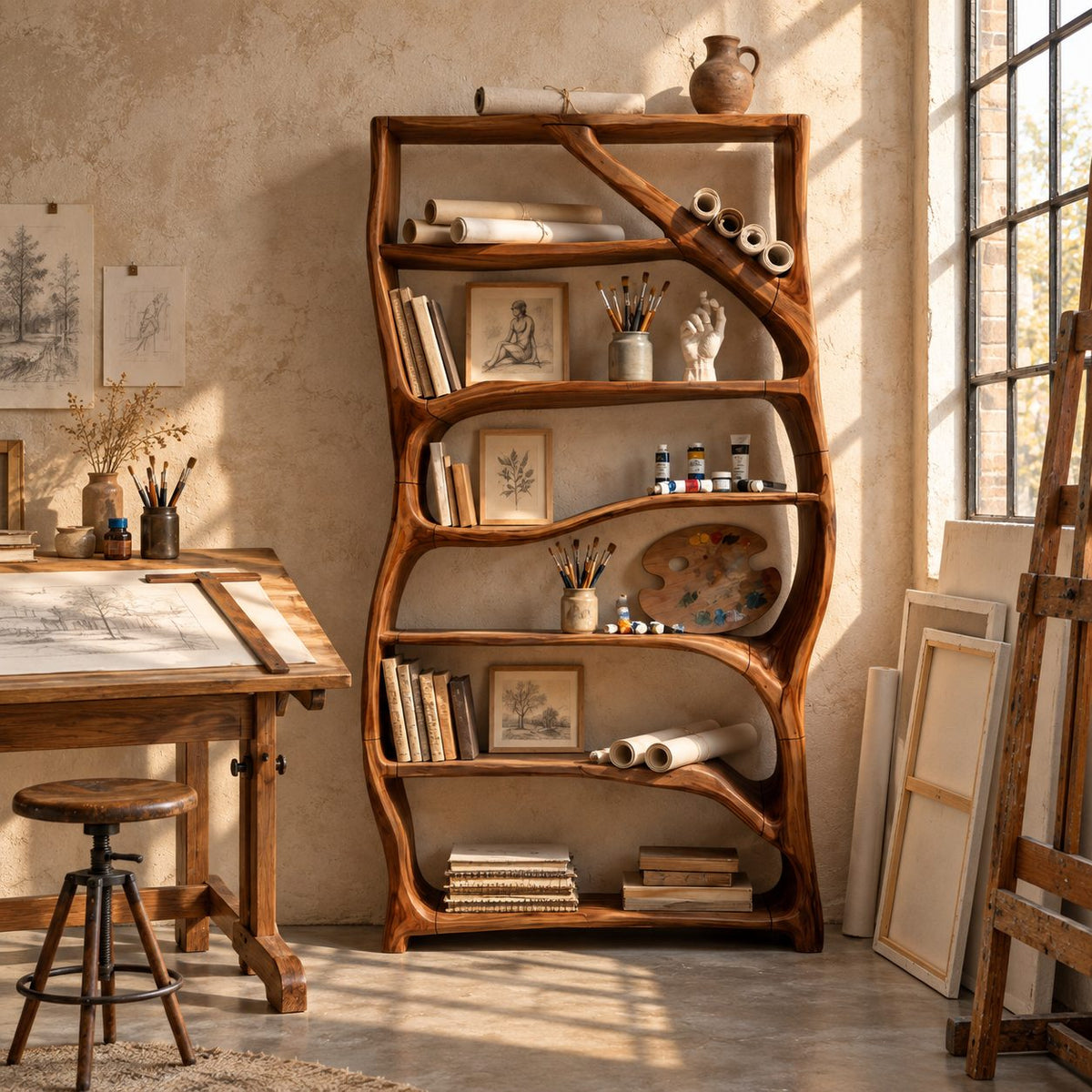 Tree Branch Bookshelf with Wavy Shelves, Rectangular Frame Solid Wood Bookcase for Kids Room or Nursery