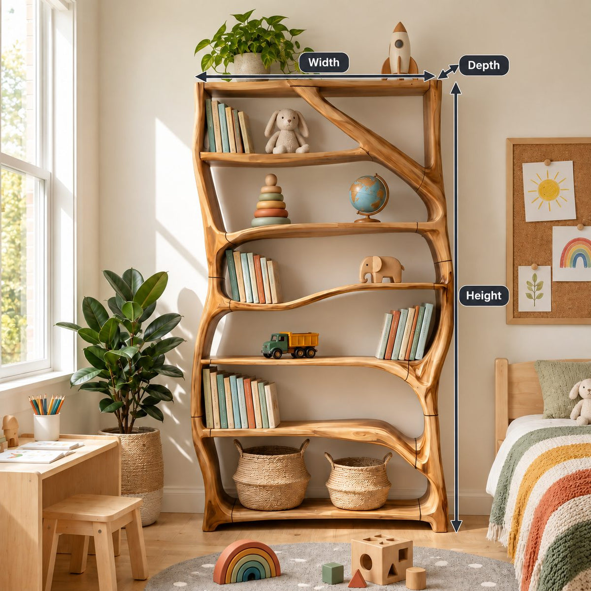 Tree Branch Bookshelf with Wavy Shelves, Rectangular Frame Solid Wood Bookcase for Kids Room or Nursery