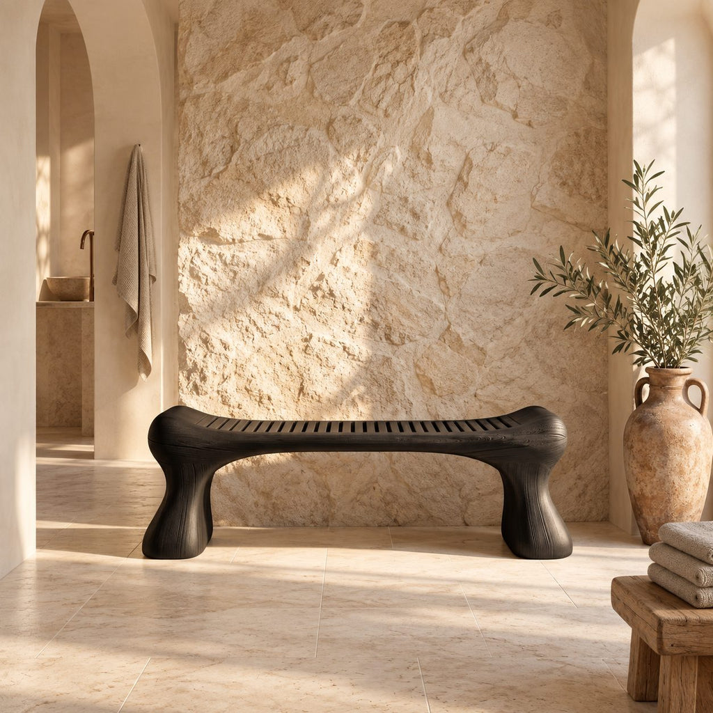 Bone Leg Shower Bench, Solid Wood Bath Bench with Slatted Seat on Thick Flared Sculpted Legs, 32-60 Inch