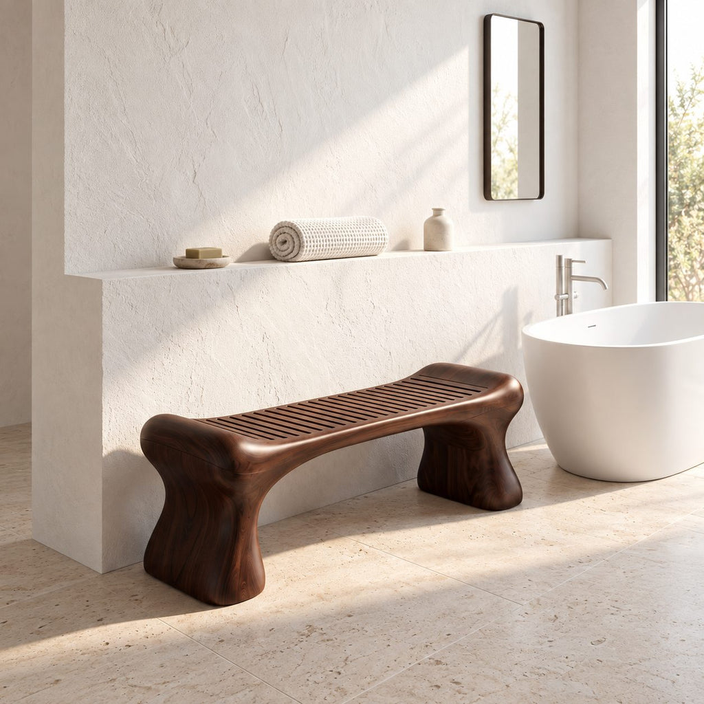 Bone Leg Shower Bench, Solid Wood Bath Bench with Slatted Seat on Thick Flared Sculpted Legs, 32-60 Inch