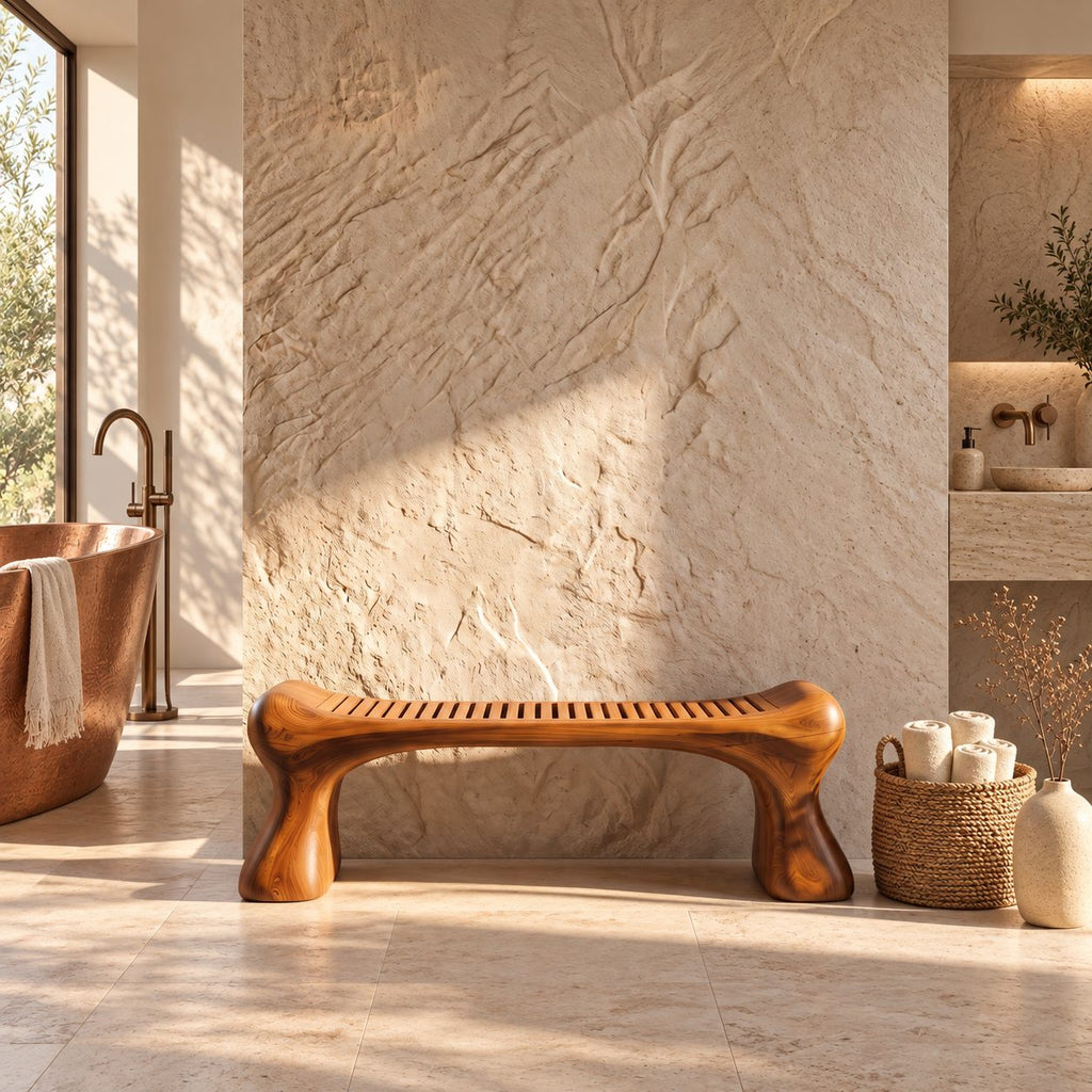 Bone Leg Shower Bench, Solid Wood Bath Bench with Slatted Seat on Thick Flared Sculpted Legs, 32-60 Inch