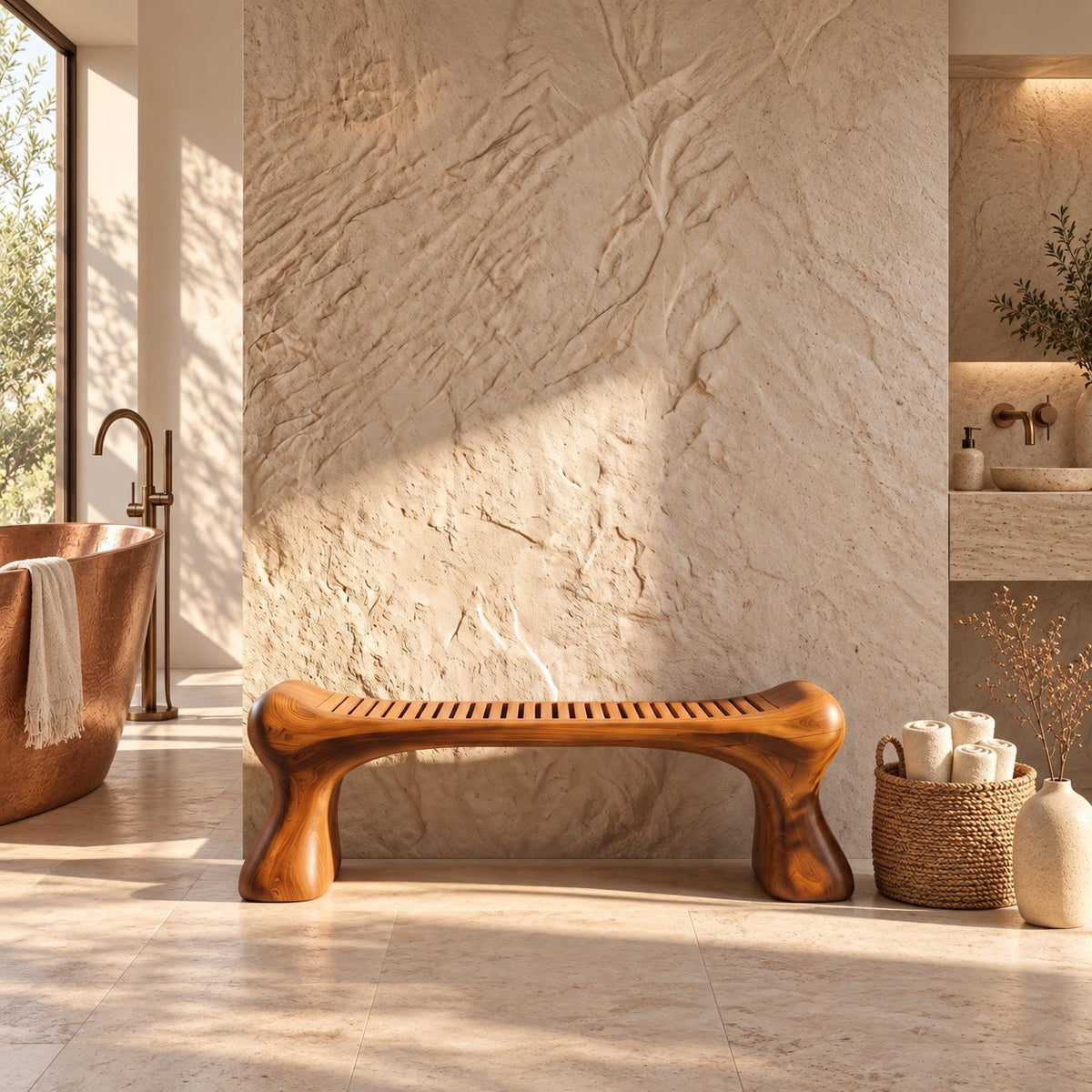 Bone Leg Shower Bench, Solid Wood Bath Bench with Slatted Seat on Thick Flared Sculpted Legs, 32-60 Inch