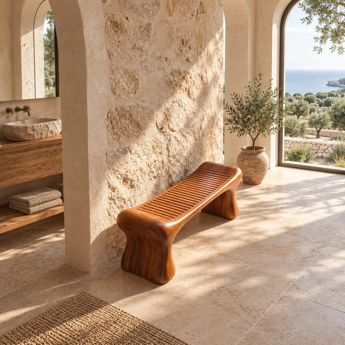 Bone Leg Shower Bench, Solid Wood Bath Bench with Slatted Seat on Thick Flared Sculpted Legs, 32-60 Inch