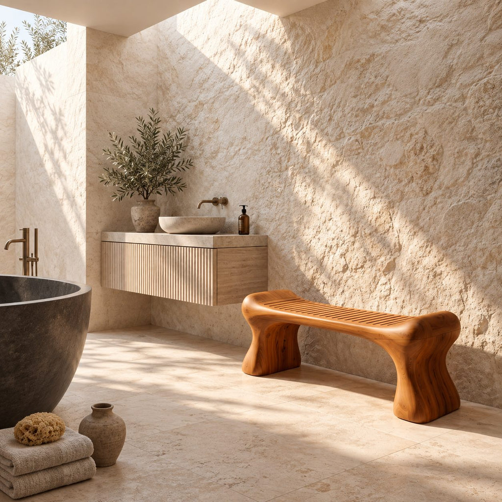 Bone Leg Shower Bench, Solid Wood Bath Bench with Slatted Seat on Thick Flared Sculpted Legs, 32-60 Inch