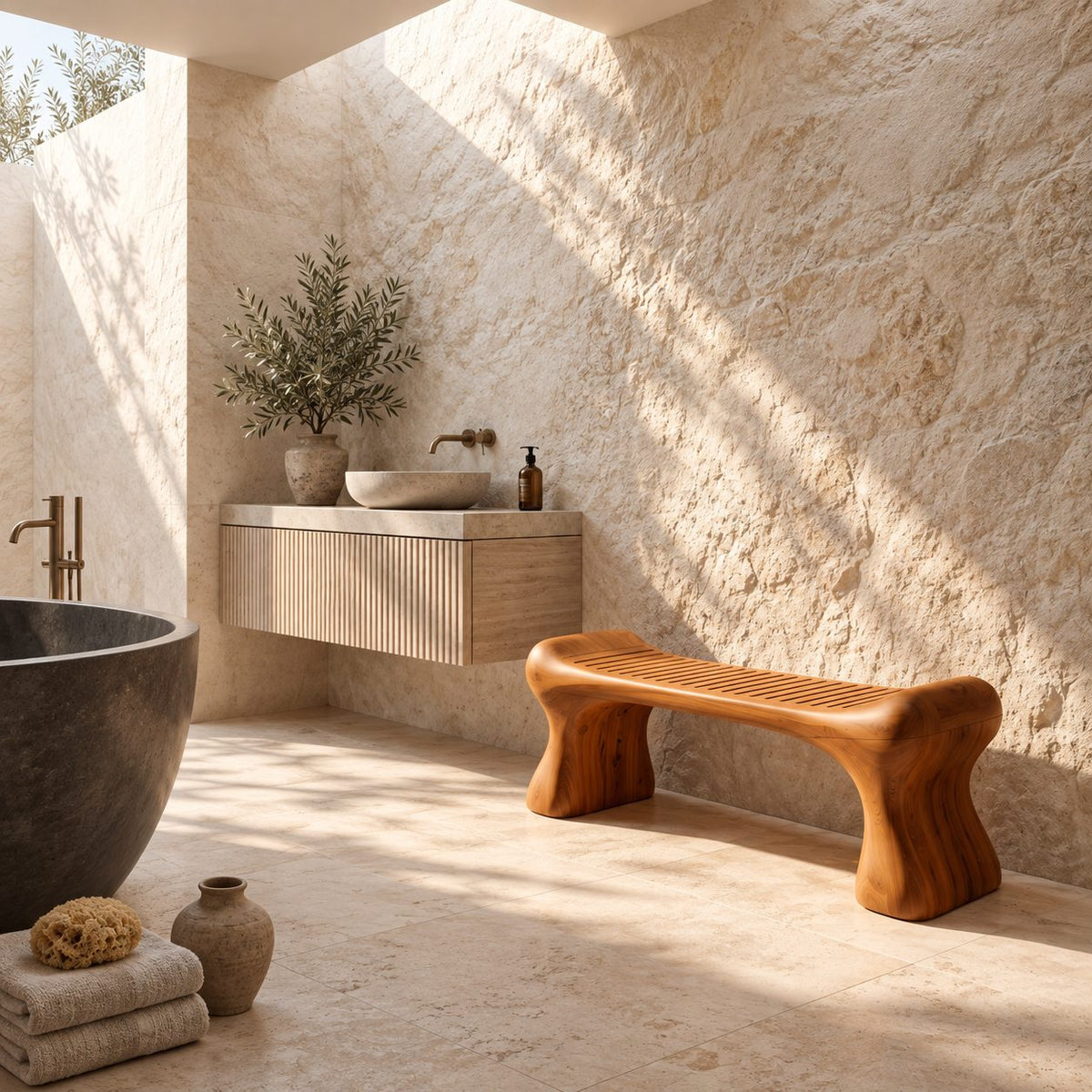 Bone Leg Shower Bench, Solid Wood Bath Bench with Slatted Seat on Thick Flared Sculpted Legs, 32-60 Inch