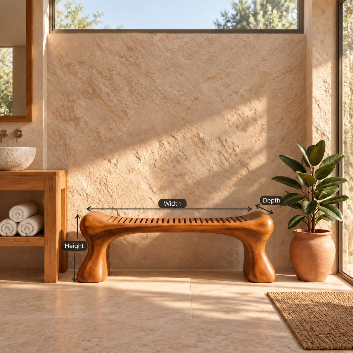 Bone Leg Shower Bench, Solid Wood Bath Bench with Slatted Seat on Thick Flared Sculpted Legs, 32-60 Inch