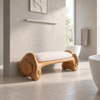 Cloud Scroll Bathroom Bench, Hand Carved Solid Wood Accent Bench with Swirled Ends, 35-45 Inch