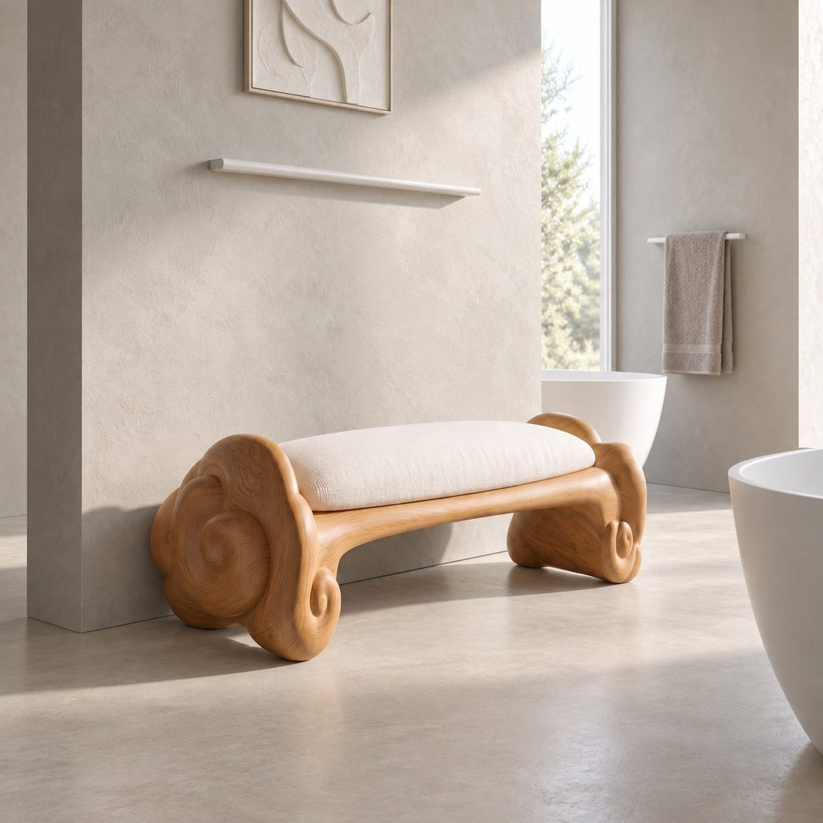 Cloud Scroll Bathroom Bench, Hand Carved Solid Wood Accent Bench with Swirled Ends, 35-45 Inch