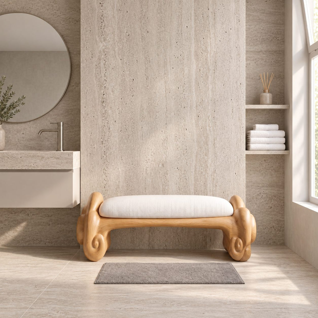 Cloud Scroll Bathroom Bench, Hand Carved Solid Wood Accent Bench with Swirled Ends, 35-45 Inch