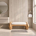 Cloud Scroll Bathroom Bench, Hand Carved Solid Wood Accent Bench with Swirled Ends, 35-45 Inch