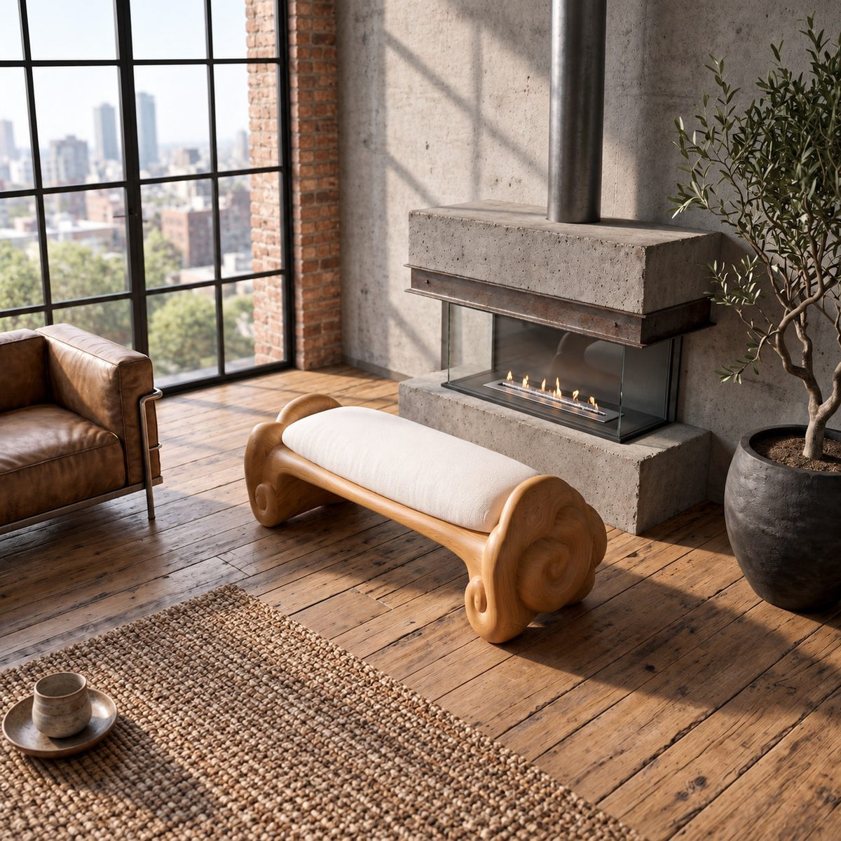 Cloud Scroll Bathroom Bench, Hand Carved Solid Wood Accent Bench with Swirled Ends, 35-45 Inch