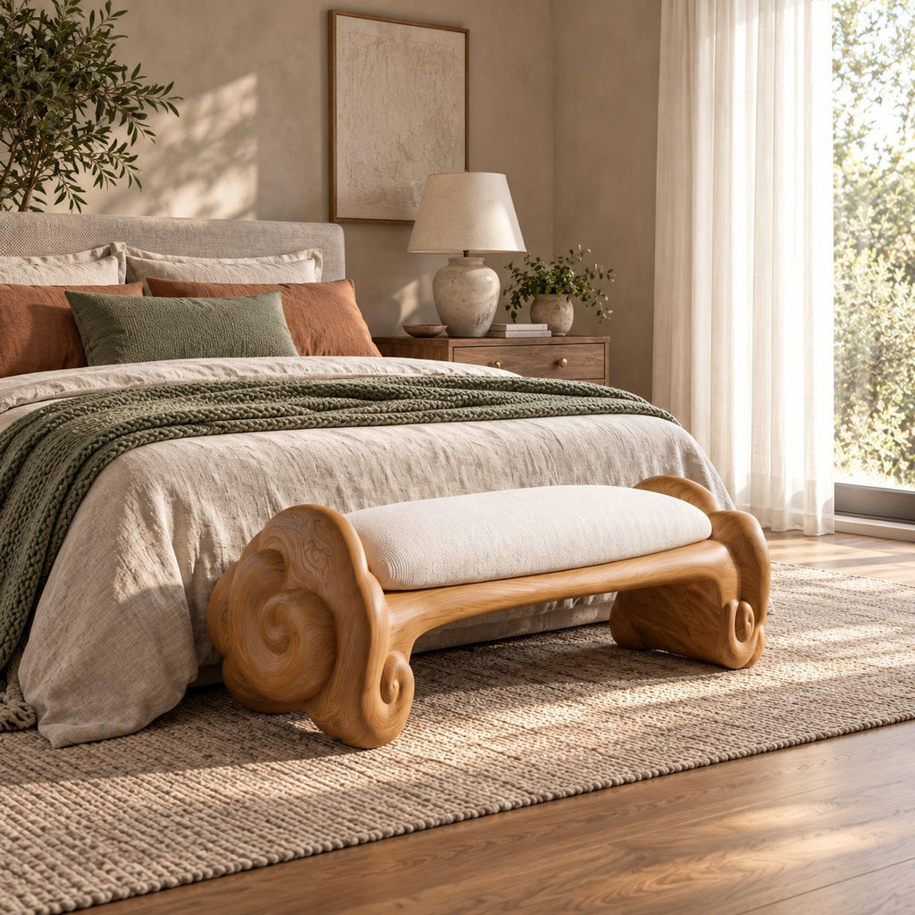 Cloud Scroll Bathroom Bench, Hand Carved Solid Wood Accent Bench with Swirled Ends, 35-45 Inch