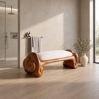 Cloud Scroll Bathroom Bench, Hand Carved Solid Wood Accent Bench with Swirled Ends, 35-45 Inch