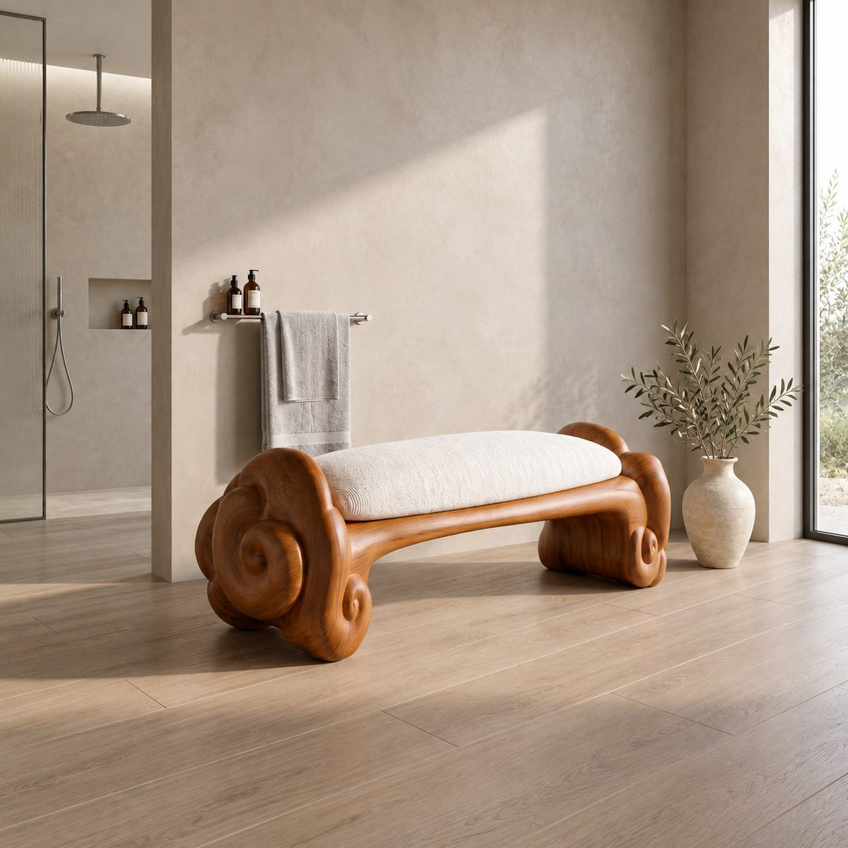 Cloud Scroll Bathroom Bench, Hand Carved Solid Wood Accent Bench with Swirled Ends, 35-45 Inch
