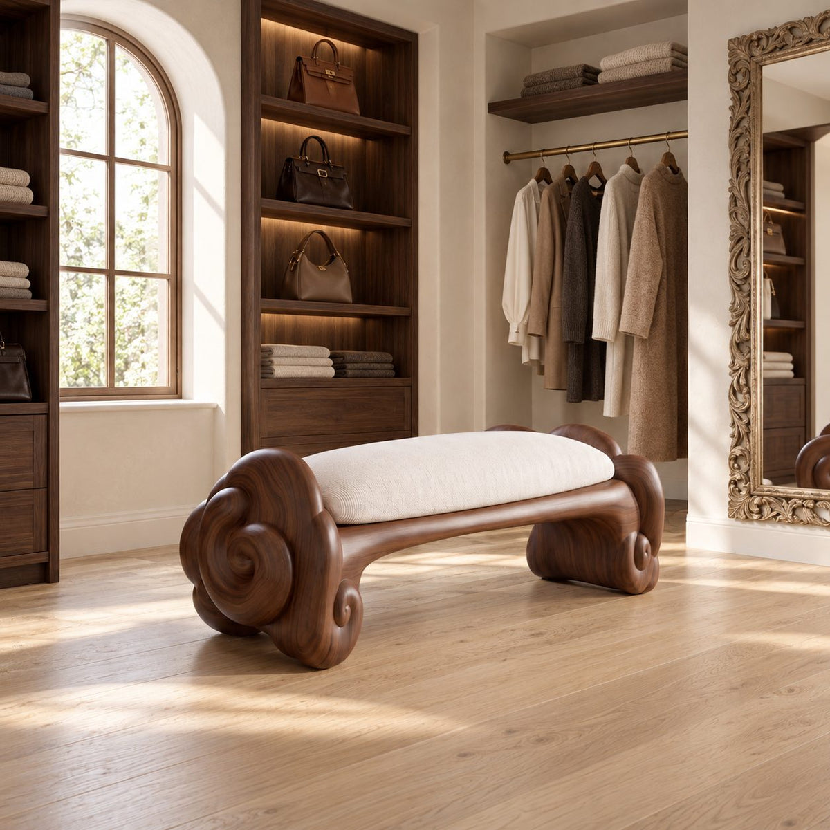 Cloud Scroll Bathroom Bench, Hand Carved Solid Wood Accent Bench with Swirled Ends, 35-45 Inch