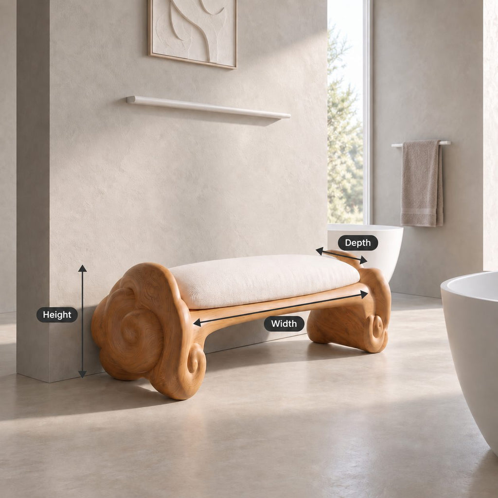 Cloud Scroll Bathroom Bench, Hand Carved Solid Wood Accent Bench with Swirled Ends, 35-45 Inch