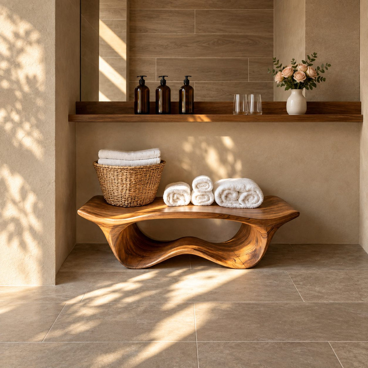 Wave Base Sculptural Shower Bench, Organic Solid Wood Spa Bench with Undulating Underframe, 39-65 Inch