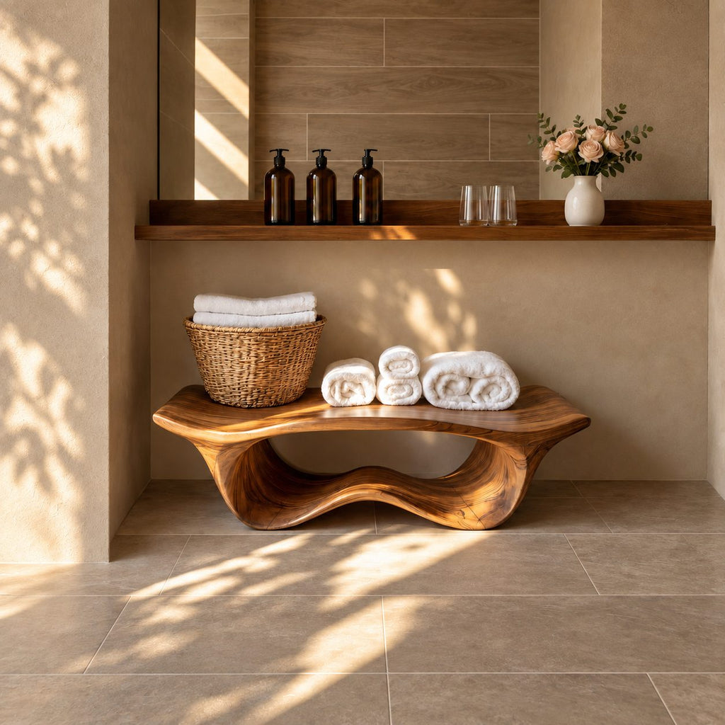 Wave Base Sculptural Shower Bench, Organic Solid Wood Spa Bench with Undulating Underframe, 39-65 Inch