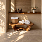 Wave Base Sculptural Shower Bench, Organic Solid Wood Spa Bench with Undulating Underframe, 39-65 Inch