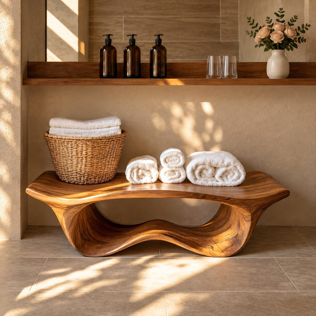 Wave Base Sculptural Shower Bench, Organic Solid Wood Spa Bench with Undulating Underframe, 39-65 Inch