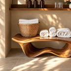 Wave Base Sculptural Shower Bench, Organic Solid Wood Spa Bench with Undulating Underframe, 39-65 Inch