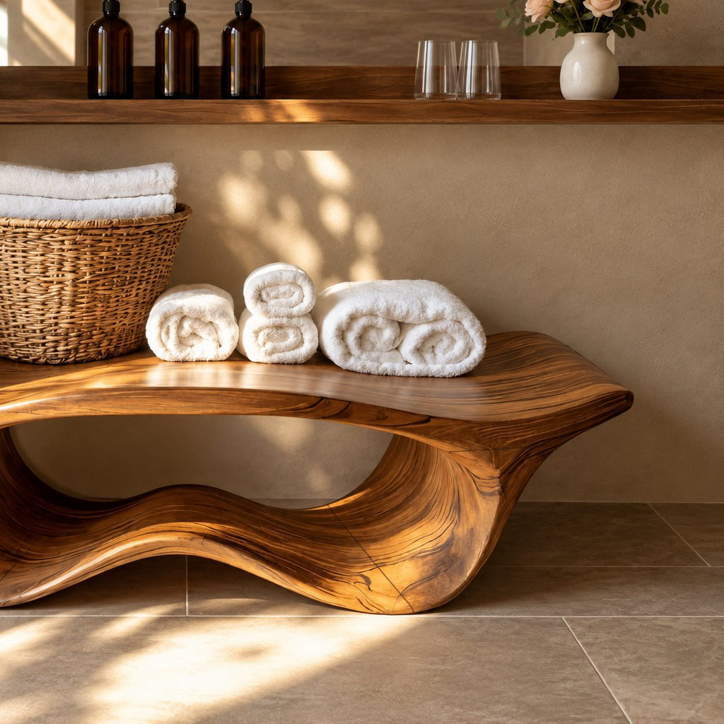 Wave Base Sculptural Shower Bench, Organic Solid Wood Spa Bench with Undulating Underframe, 39-65 Inch