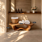 Wave Base Sculptural Shower Bench, Organic Solid Wood Spa Bench with Undulating Underframe, 39-65 Inch