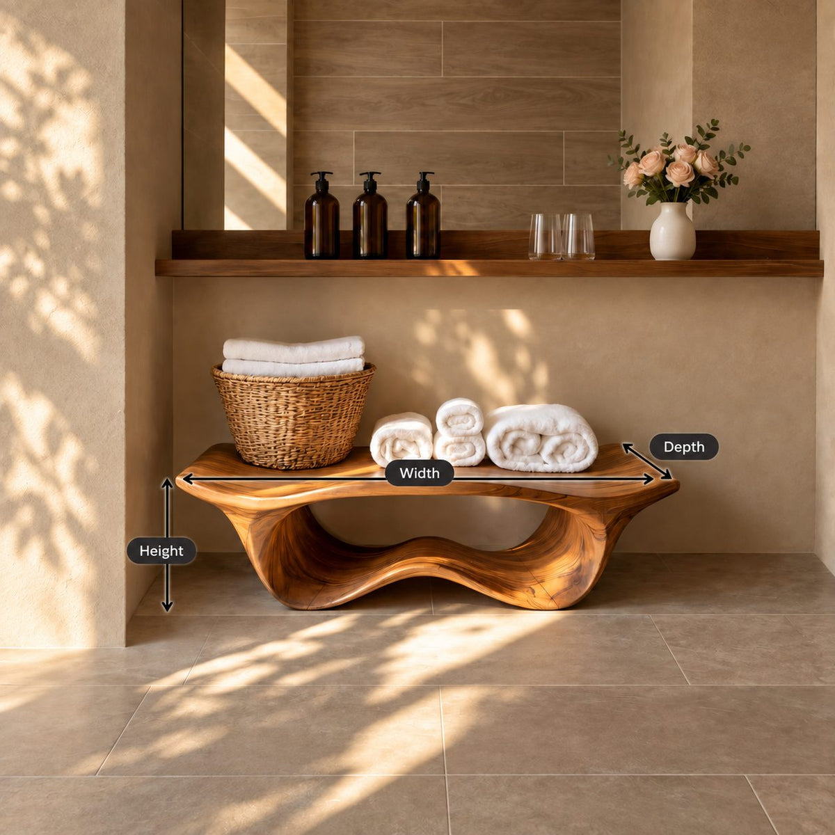 Wave Base Sculptural Shower Bench, Organic Solid Wood Spa Bench with Undulating Underframe, 39-65 Inch