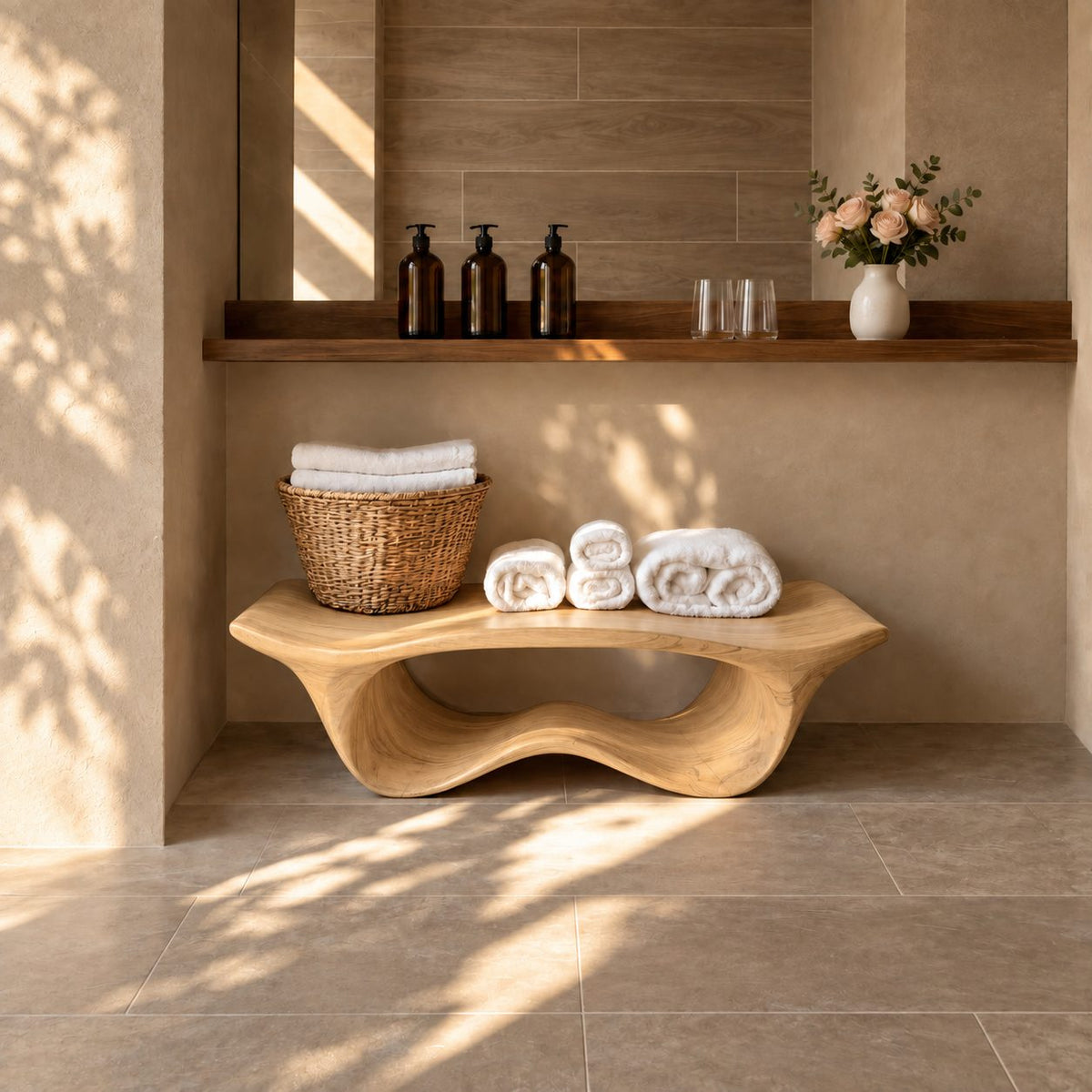 Wave Base Sculptural Shower Bench, Organic Solid Wood Spa Bench with Undulating Underframe, 39-65 Inch
