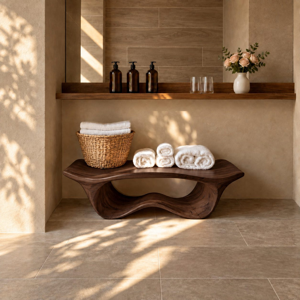 Wave Base Sculptural Shower Bench, Organic Solid Wood Spa Bench with Undulating Underframe, 39-65 Inch