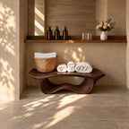 Wave Base Sculptural Shower Bench, Organic Solid Wood Spa Bench with Undulating Underframe, 39-65 Inch
