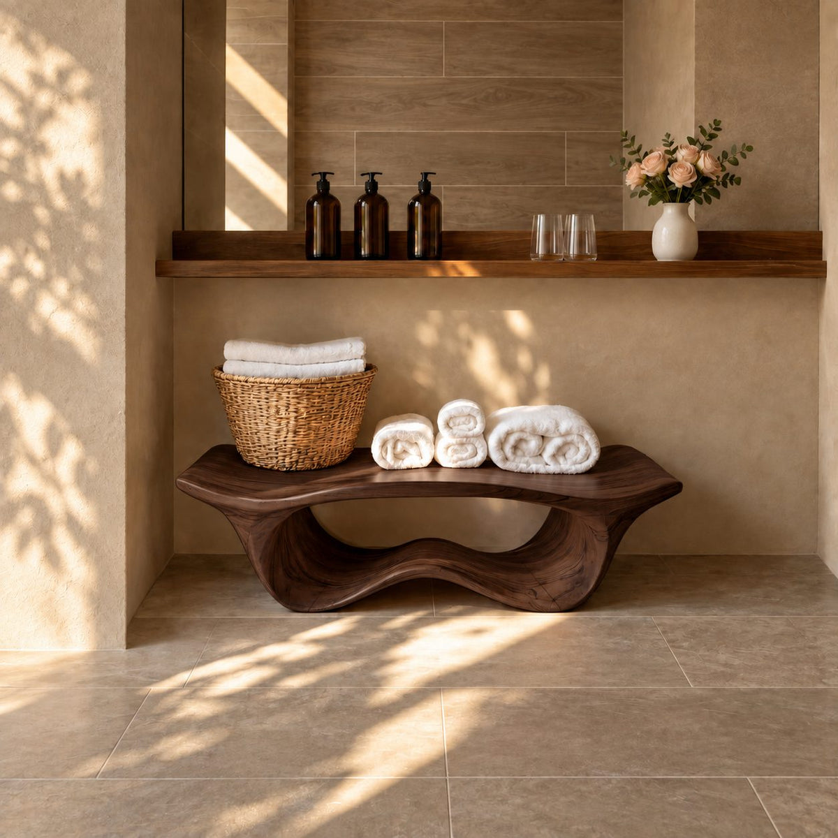 Wave Base Sculptural Shower Bench, Organic Solid Wood Spa Bench with Undulating Underframe, 39-65 Inch